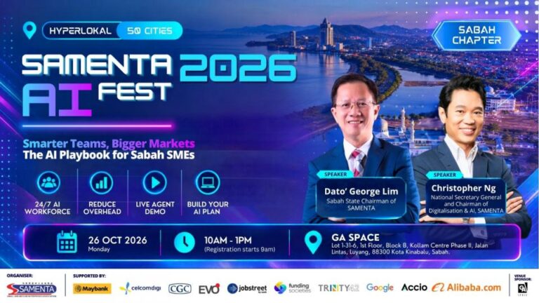 Official poster - SAMENTA AI Fest 2026: The AI Playbook for Sabah SMEs, Sabah Chapter, Monday 26 October 2026, GA Space, Kota Kinabalu