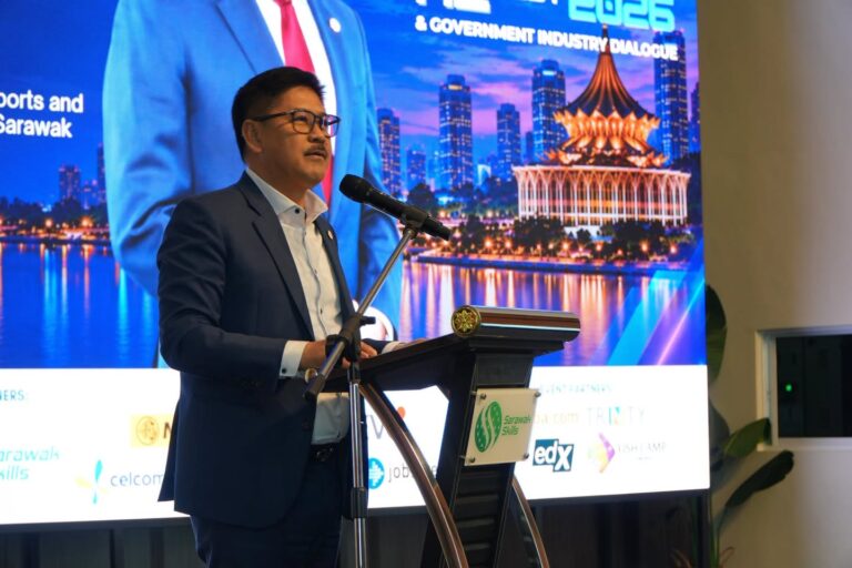 A speaker addresses delegates at the SAMENTA AI Fest and Government-Industry Dialogue 2026 in Kuching